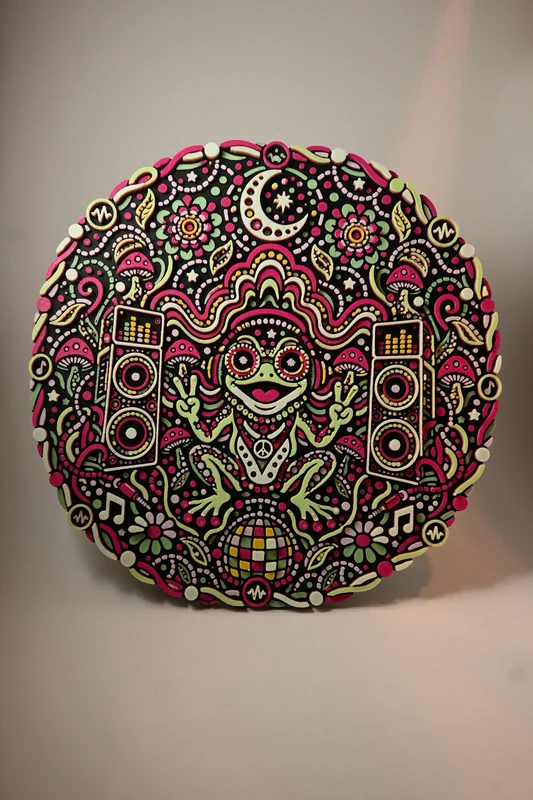 Bass Frog 3D printed relief wall art in daylight