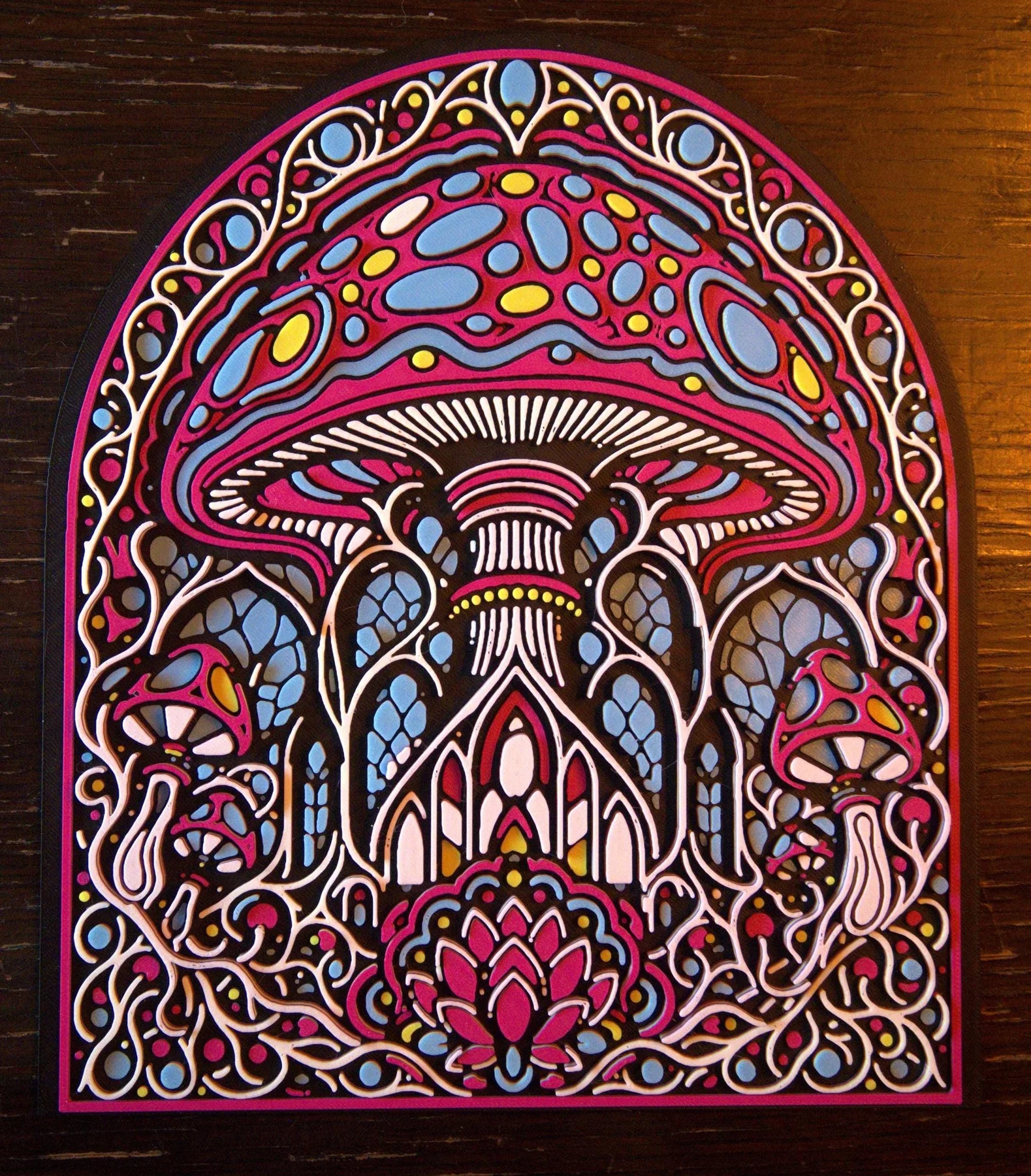 Mushroom Cathedral 3D printed relief wall art in daylight