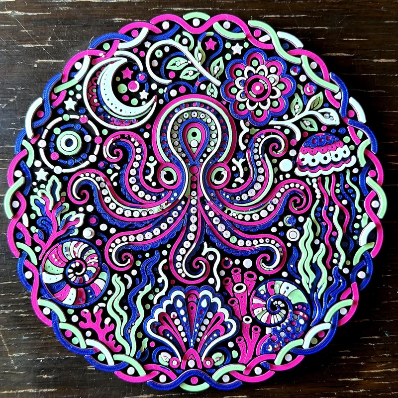 Octo Funkedelic 3D printed relief wall art in daylight